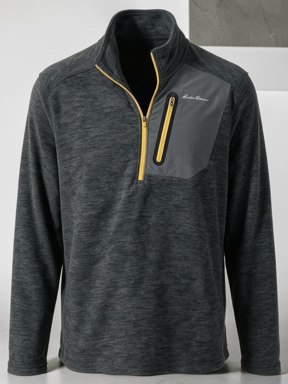 Eddie Bauer Mens M First Ascent Gray Fleece Quarter Zip Pullover Yellow Pocket